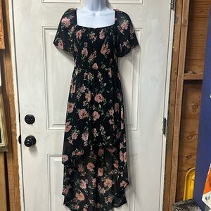 Small black with pink floral high low smocked top sheer short sleeve dress